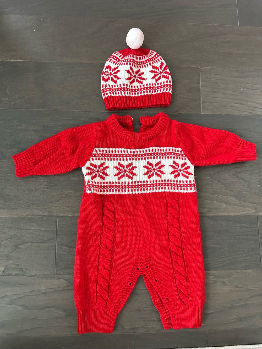Vintage inspired Red Fair Isle Knit One-Piece with Pom Pom Hat - baby 0-3 months